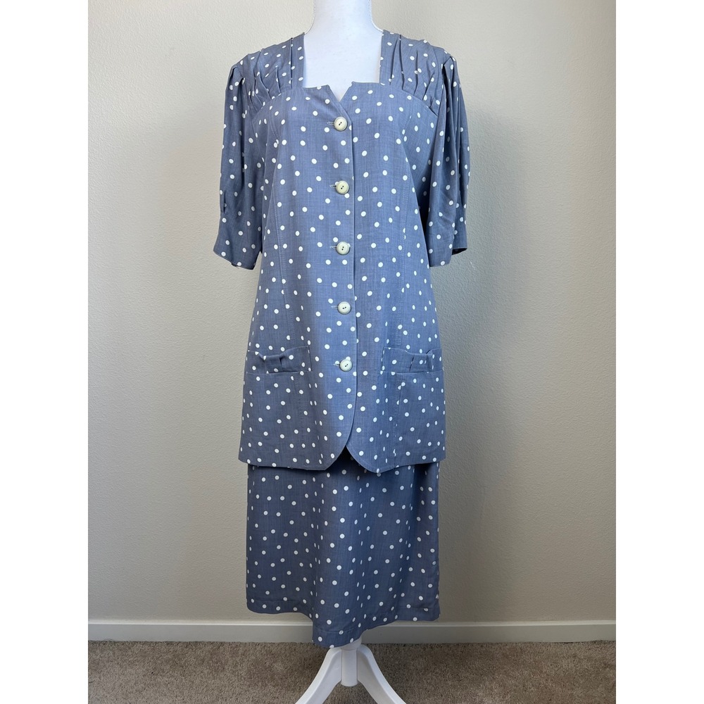 VTG 80s Retro Modest Polka Dot Skirt Suit EU40 US 8/10 Button Front 2‎ Piece Set